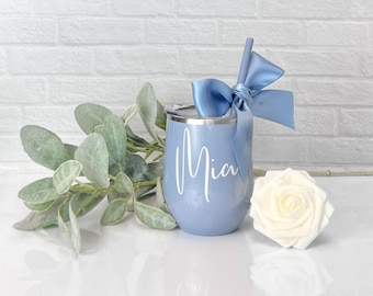 Dusty Blue Custom Wine tumbler, custom wine glasses, personalize wine glasses, personalized wine tumbler bridesmaid proposal bridesmaid gift