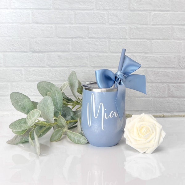 Dusty Blue Custom Wine tumbler, custom wine glasses, personalize wine glasses, personalized wine tumbler bridesmaid proposal bridesmaid gift