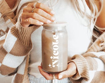 Personalized Iced Coffee Cup Glass Can Soda Cup with Lid and Straw Gifts for Women, Friends, Bridesmaids, Libbey Cup
