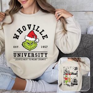 Whoville University 2 Sided Sweatshirt, Christmas Whoville University Sweatshirt, Grinch Christmas Sweatshirt, Merry Grinchmas Sweatshirt