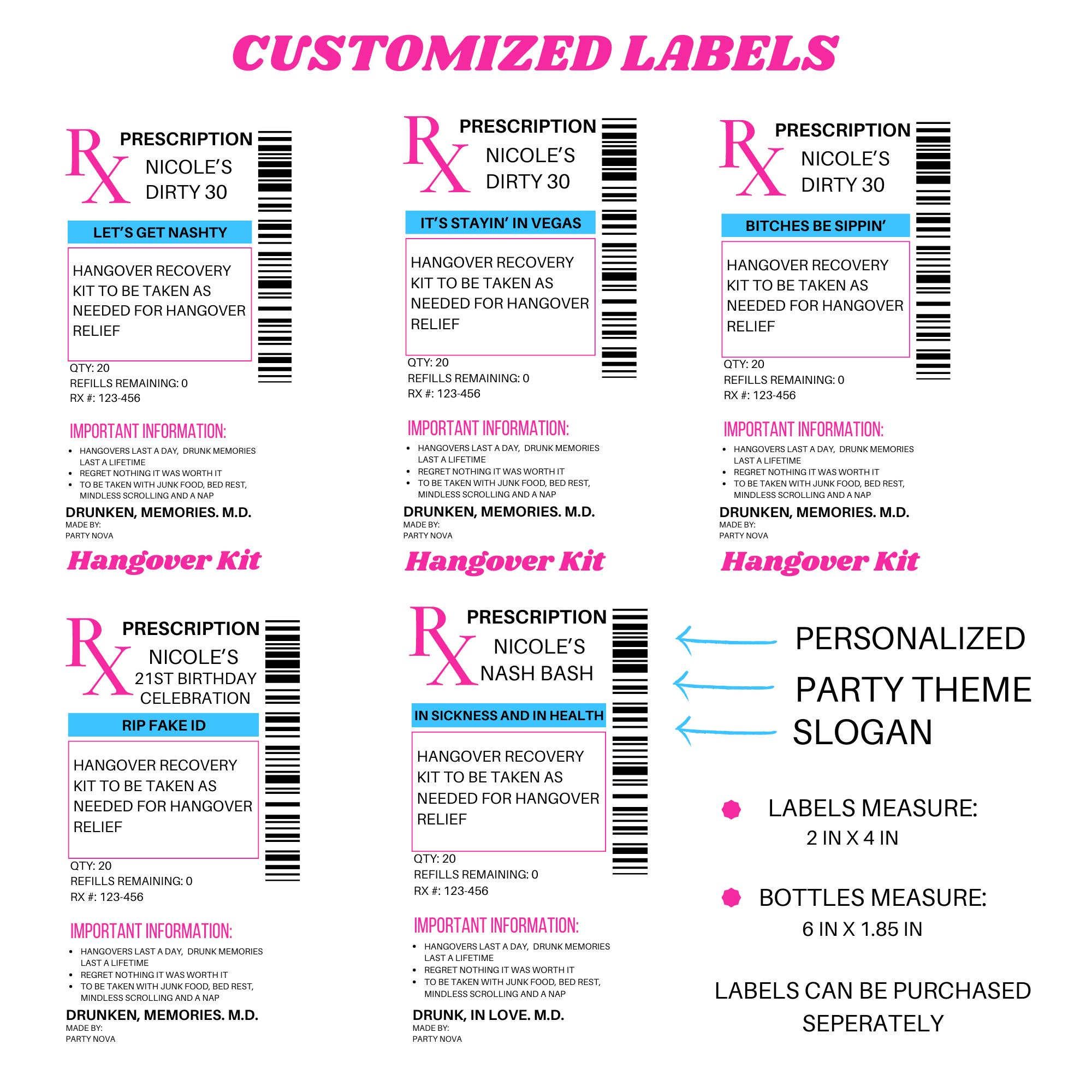 8 Pack Bachelorette Party Hangover Kit Container - Bachelorette Party Favor - Empty Pink Bottles With Labels- RX Bottle Hangover Recovery