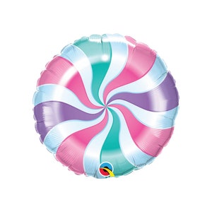 May include: A swirl-patterned, round, foil balloon in pink, purple, teal, and white colors. The balloon is shaped like a lollipop.