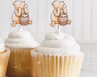 Topper per cupcake Winnie the Pooh - Decorazioni per baby shower e compleanni - Set di 12 articoli per feste vintage Winnie the Pooh
