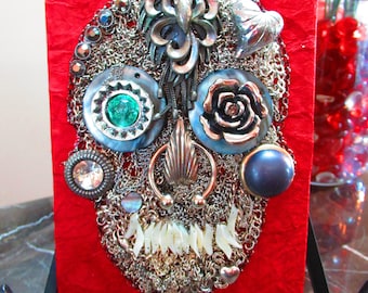 Steampunk Skull w/Septum Piercing Jewelry Art Mixed Media Wall Hanging Framed Shadowbox 5x7