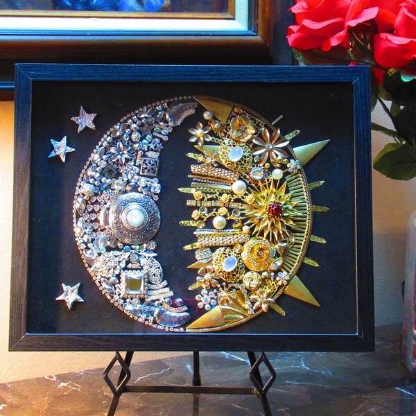 Stunning Celestial Sun and Moon Jewelry Art Framed in Shadowbox Vintage to Modern Day Jewelry 11x14