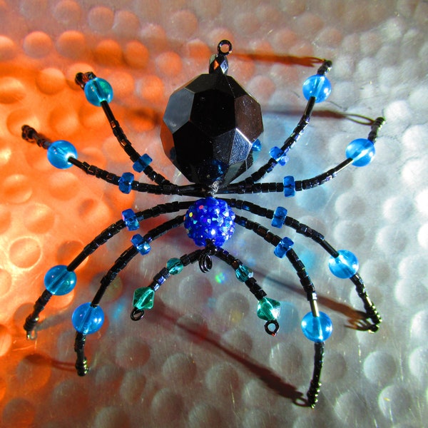 Large Crystalline Beaded Spider Decoration Ornament - Black and Blue