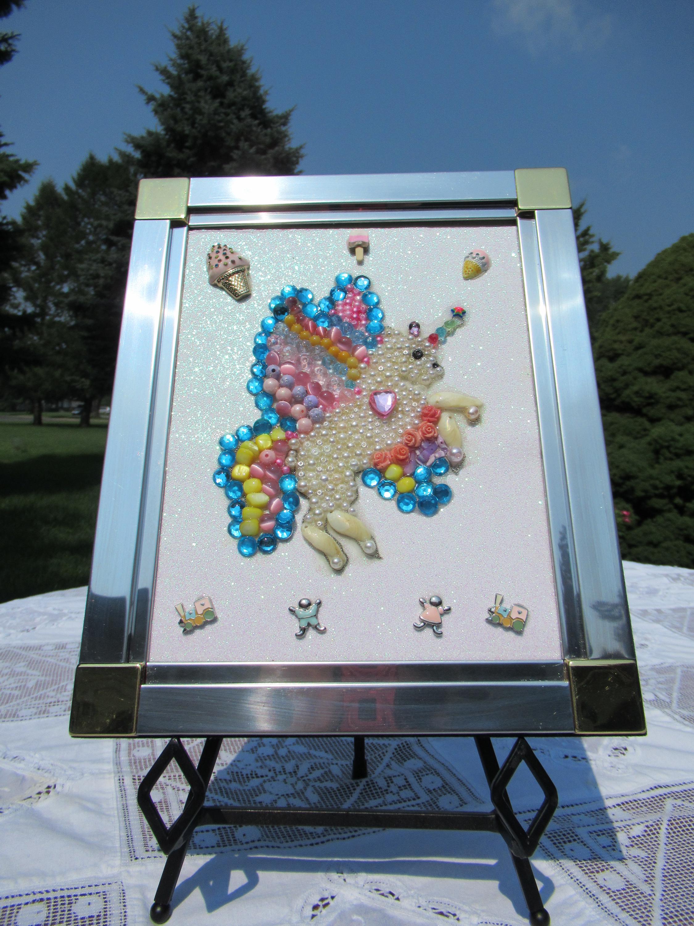 Beaded Unicorn Jewelry Art Wall Hanging - Repurposed Silver Frame