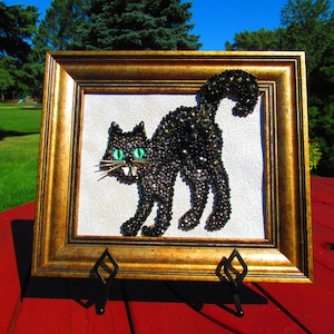 Halloween Black Beaded Cat Art Framed Jewelry Art 13x11 inches