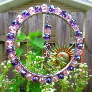 Halloween Cat Charm Suncatcher w/Pink and Purple Glass Faceted Beads - 3.5" in diameter