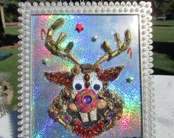 Festive Gemstone Reindeer Art - Jewelry Art - Rudolph - 9x11 Inch Pearl Frame