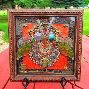 Steampunk - Boho Owl - Cicada -  Framed Jewelry Art -Mixed Media Assemblage - Collage 12x12 inches