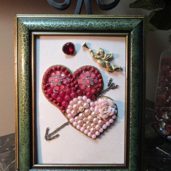 Two Hearts Beat as One Cupid Jewelry Art Framed 5x7 Wall Hanging