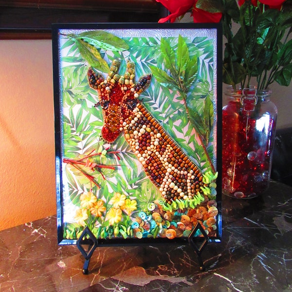 Giraffe in Jungle Foliage Beaded Art Wall Hanging 9.5x12