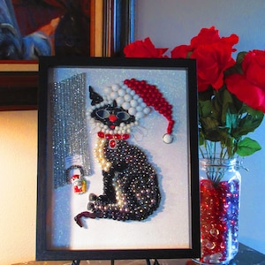 Festive Christmas Cat and Mouse Jewelry Art Vintage to Modern Day Jewelry Framed Shadowbox 11x14x2 Wall Hanging