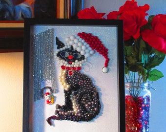 Christmas Cat and Mouse Jewelry Art Vintage to Modern Day Jewelry Framed Shadowbox 11x14x2 Wall Hanging