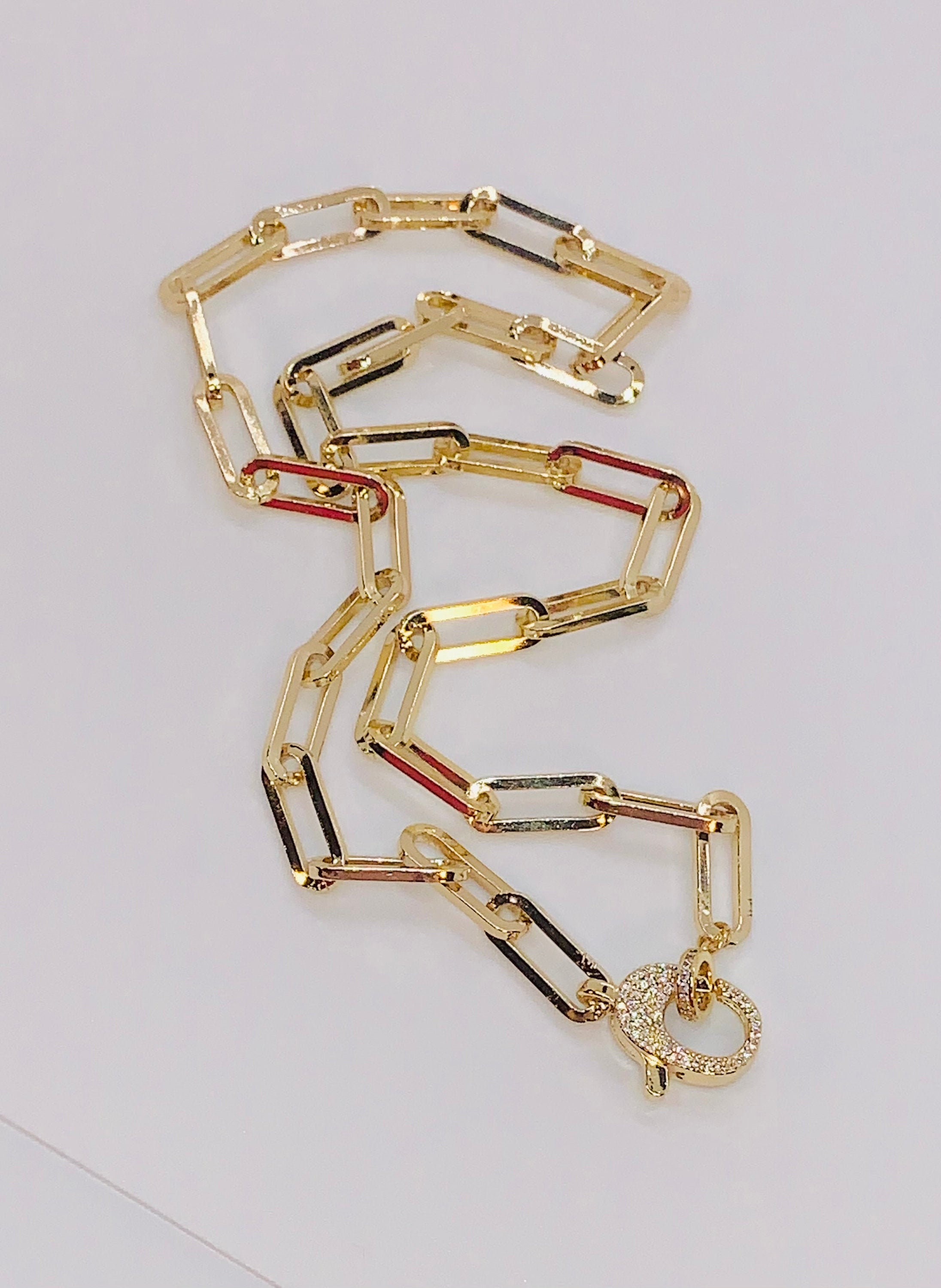Gold Filled Chunky Paper Clip Chain with large CZ micro pave Etsy
