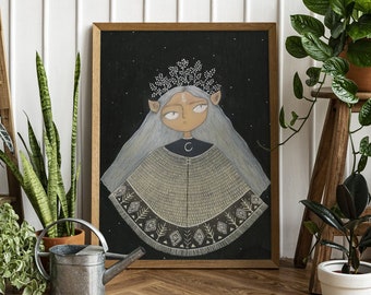 Elven Witch Painting Print, Folk Art Poster, Dark Fantasy Art