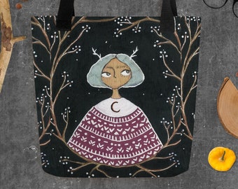 Dark Witch Girl Tote bag, Halloween Bag