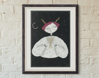 Crimson Witch, Folk Art Print, Poster, Hand-Drawn