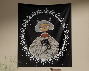 Witch Wall Tapestry, Acrylic Painting Print, Folk Art Decor