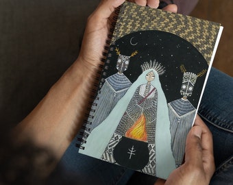 Three Witches Journal Notebook, Folk Art , Handmade Painting Cover