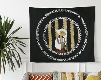 Girl with Lantern Wall Tapestry: Witch Folk Art Decor