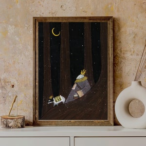 Impresión de cartel del bosque oscuro, pintura de arte popular, dibujo hecho a mano