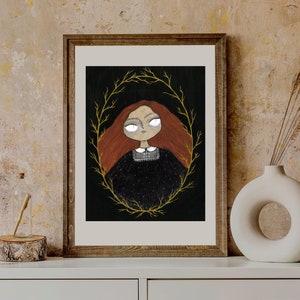 Ginger Witch Poster Print, Witchy Wall Decor, Handmade Painting, Folk Art Illustration