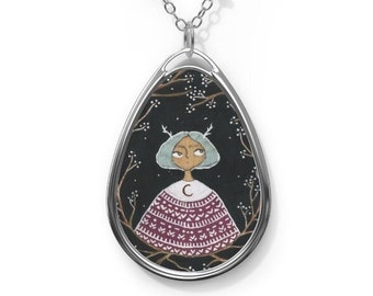 Custom Oval Witch Necklace, Handmade Drawing, Moon Jewelry, Gothic Art
