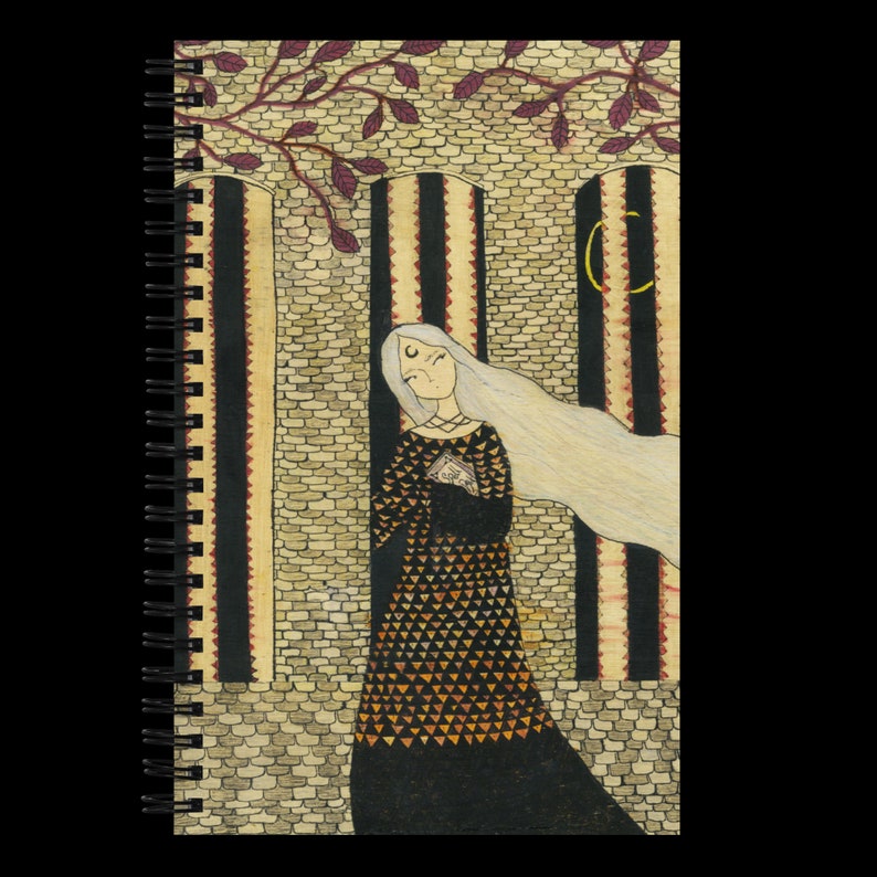 May include: A woman with long white hair stands in a stone doorway. She is wearing a black dress with a gold and orange geometric pattern. The doorway is decorated with black and white stripes and a crescent moon.