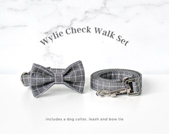 Wylie Check Walk Set - Dog Collar, Leash and Bow Tie // luxury handmade gift grey minimal checkered dog accessory girl boy wedding formal