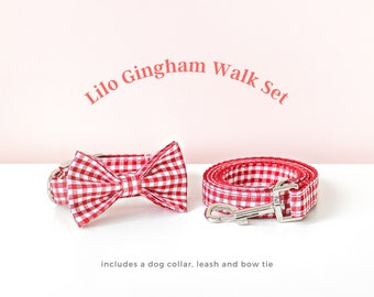 Lilo Gingham Walk Set - Dog Collar, Leash and Bow Tie // luxury handmade gift red plaid dog accessory girl boy puppy spring summer beach