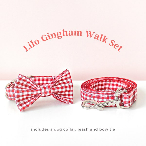 Lilo Gingham Walk Set - Dog Collar, Leash and Bow Tie // luxury handmade gift red plaid dog accessory girl boy puppy spring summer beach