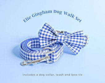 Elie Gingham Walk Set - Dog Collar and Leash // luxury cute handmade gift soft cotton blue plaid dog accessory for girl boy summer beach