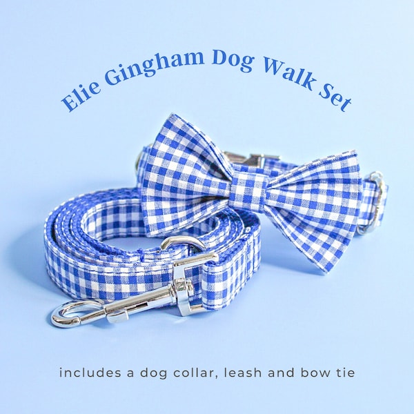 Elie Gingham Walk Set - Hundehalsband und Leine // Luxus handgefertigtes Geschenk aus weicher Baumwolle blau kariert Hunde Accessoire für Mädchen Jungen Sommer Strand