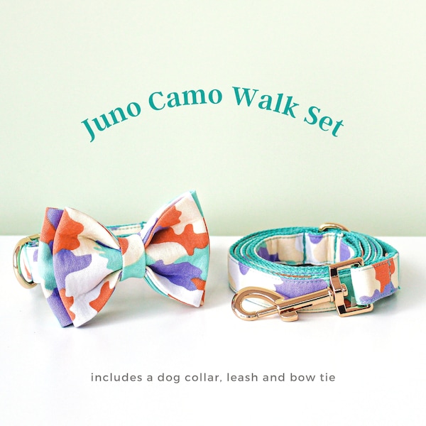 Juno Camo Walk Set - Dog Collar, Leash and Bow Tie // luxury handmade gift teal camo dog accessory for girl boy fun birthday party