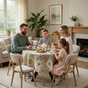 Può includere: Una famiglia è seduta attorno a un tavolo apparecchiato per il tè. Il tavolo rotondo è coperto da una tovaglia floreale. Sedie bianche circondano il tavolo. Una teiera, tazze e pasticcini sono sul tavolo. Un camino e una grande pianta sono sullo sfondo.