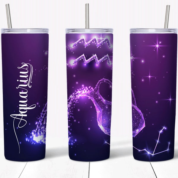 Aquarius zodiac sign tumbler sublimation design.  20 oz skinny tumbler  full wrap png templates with straight and tapered walls