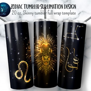 Leo zodiac tumbler wrap. Gold zodiac symbols on black tumbler sublimation design. 20 oz skinny tumbler png file for download.