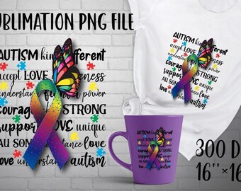 Autism awareness sublimation design.  Colorful ribbon, butterfly and word clouds png for t-shirt print download.