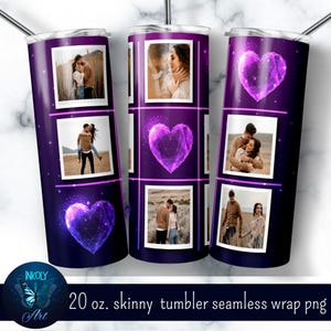 May include: A 20 ounce skinny tumbler with a seamless wrap design. The design features a purple background with a geometric heart design and multiple photos of couples in various poses. The photos are framed in white with a purple outline.