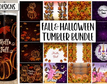 Fall and Halloween personalized tumbler sublimation bundle. Pumpkin, maple leaves, spiderwebs, autumn quotes 20 oz skinny tumbler wraps.