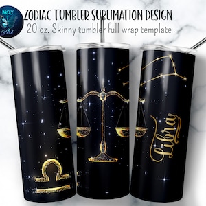 Libra zodiac tumbler wrap. Gold zodiac symbols on black tumbler sublimation design. 20 oz skinny tumbler png file for download.