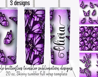 Diseños de sublimación para vasos con diseño de mariposa morada. Plantillas para vasos delgados de 20 oz con envoltura completa.