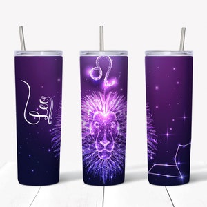 Puede incluir: Tres vasos de acero inoxidable con un dise&ntilde;o de galaxia p&uacute;rpura y rosa con una constelaci&oacute;n de Leo el le&oacute;n. Los vasos tienen una pajita y son perfectos para contener bebidas calientes o fr&iacute;as.