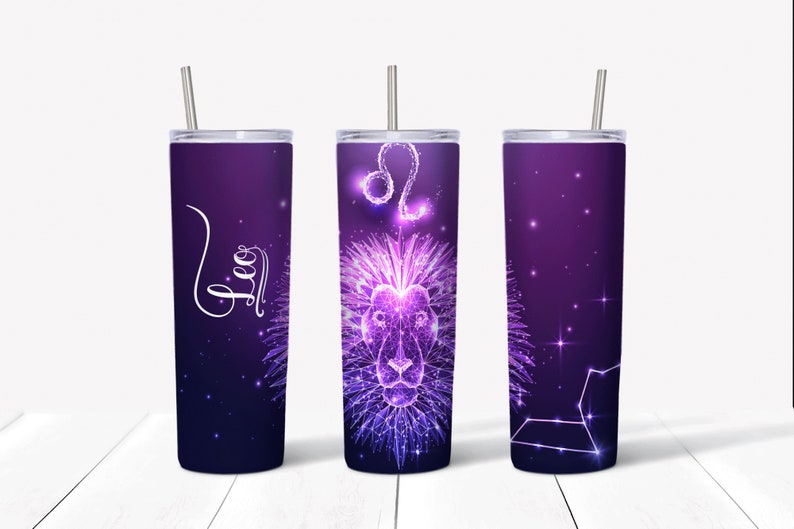 Puede incluir: Tres vasos de acero inoxidable con un dise&ntilde;o de galaxia p&uacute;rpura y rosa con una constelaci&oacute;n de Leo el le&oacute;n. Los vasos tienen una pajita y son perfectos para contener bebidas calientes o fr&iacute;as.