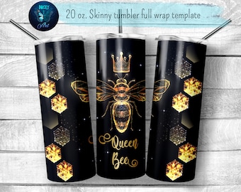 Queen bee tumbler sublimation design, Golden bee tumbler wrap, Gold and black tumbler cup, 20 oz skinny tumbler, png file for download
