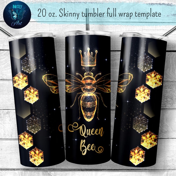 Queen bee tumbler sublimation design, Golden bee tumbler wrap, Gold and black tumbler cup, 20 oz skinny tumbler, png file for download