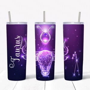 May include: Three stainless steel tumblers with a purple and black starry sky design. The tumblers feature a geometric design of the Taurus zodiac sign. One tumbler has the word "Taurus" written in white cursive.