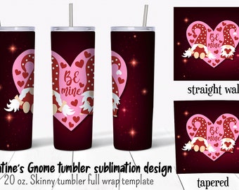 Valentine's Gnomes tumbler sublimation design. Love gnome png. 20 oz straight and tapered skinny tumbler  full wrap templates